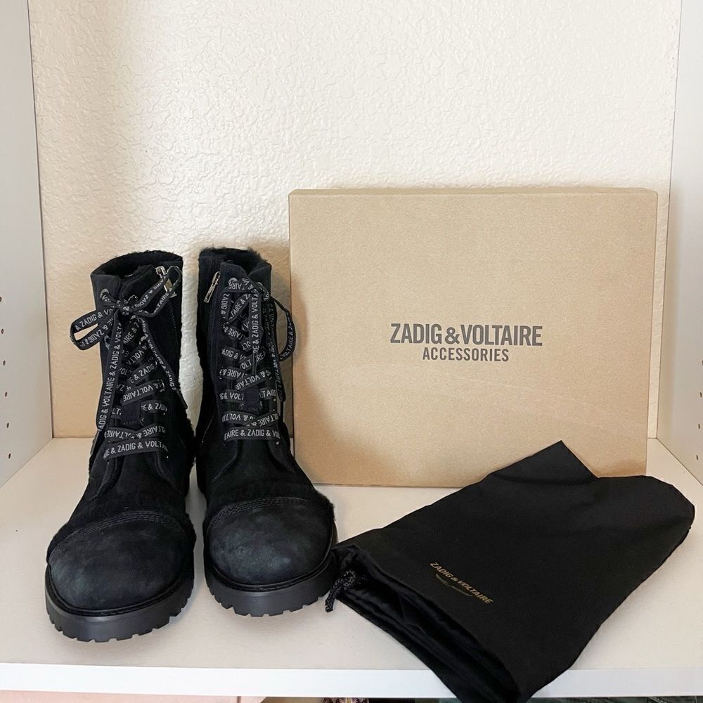 Zadig & Voltaire boots Joe black suede shearling combat boots new with box 40/9 - Picture 6 of 17
